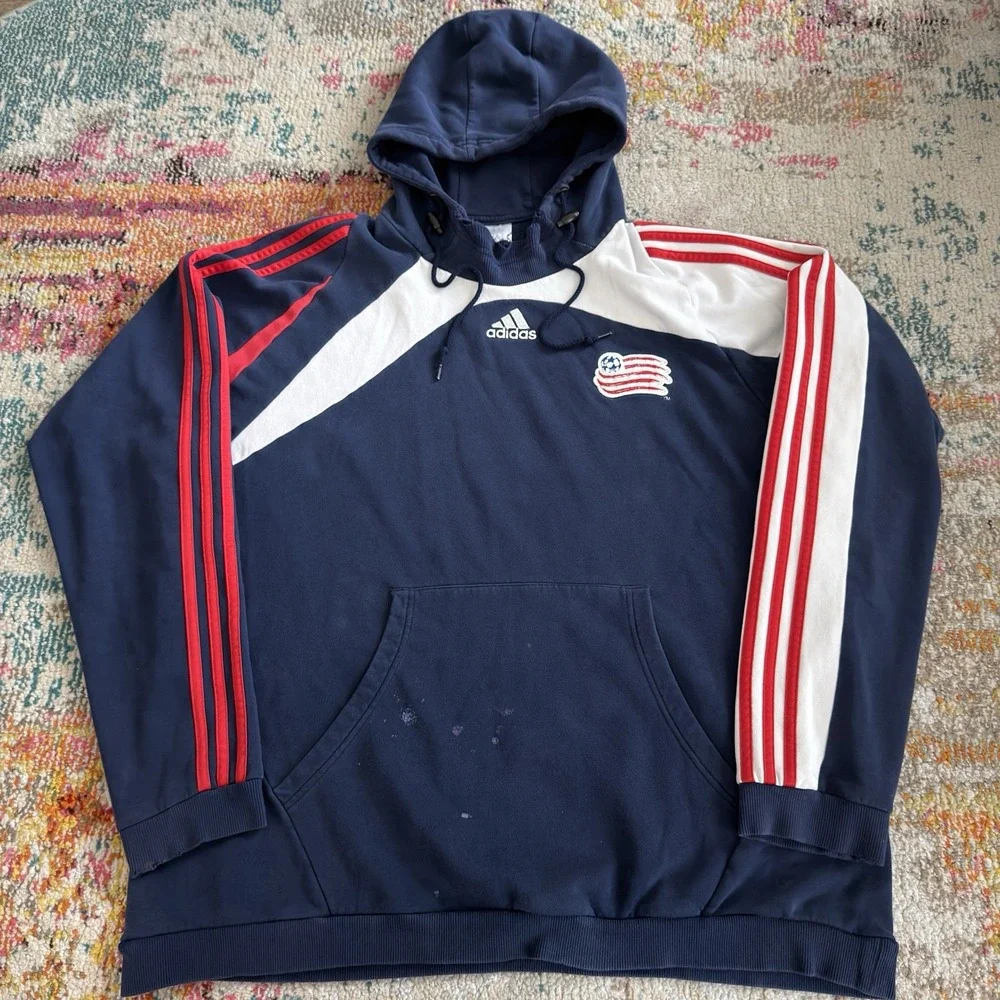 Vintage Faded Y2K Adidas Center Logo Hoodie New England Revolution Sz 2XL